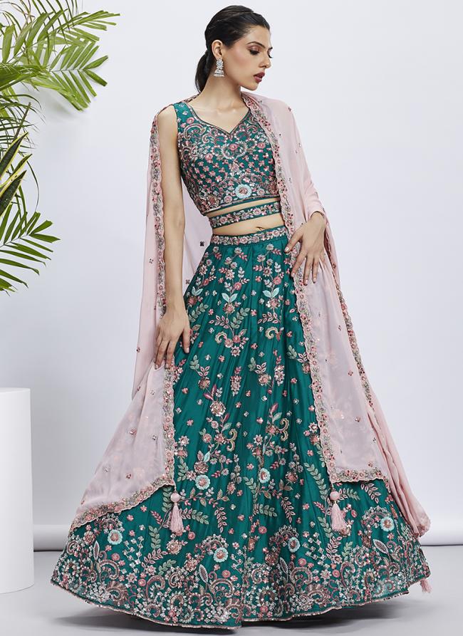 Pure Georgette Green Wedding Wear Sequins Work Lehenga Choli